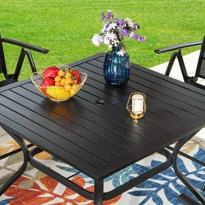 5pc Outdoor Dining Set With Sling Chairs & Metal Square Table With Umbrella Hole - Captiva Designs - Image 7