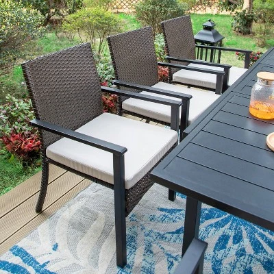 9pc Outdoor Dining Set With Extendable Table & Rattan Wicker Chairs - Beige - Captiva Designs - Image 4
