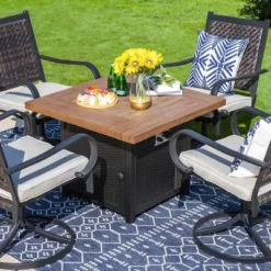 5pc Patio Dining Set With Fire Pit Table & Wicker Rattan 360 Swivel Chairs - Captiva Designs