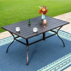 7pc Outdoor Dining Set With 7 Position Adjustable Wicker Chairs & Metal Rectangle Table With Umbrella Hole - Captiva Designs