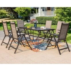 7pc Outdoor Dining Set With 7 Position Adjustable Folding Chairs & Metal Rectangle Table With Umbrella Hole - Gray/Black - Captiva Designs