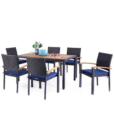 7pc Outdoor Dining Set With Rattan Stackable Chairs & Rectangle Acacia Wood Table - Captiva Designs - Image 8