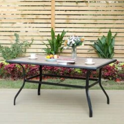 7pc Patio Dining Set With Faux Wood/Steel Table With Umbrella Hole & Sling Arm Chairs - Captiva Designs
