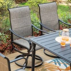 7pc Outdoor Dining Set With Steel Rectangle Table With Umbrella Hole & Padded Swivel Chairs - Captiva Designs