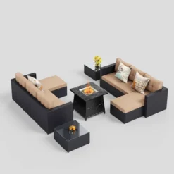 7pc Steel & Wicker Outdoor Set With Cushions & Fire Pit Table - Captiva Designs