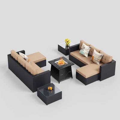 7pc Steel & Wicker Outdoor Set With Cushions & Fire Pit Table - Captiva Designs