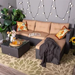 3pc Steel & Wicker Outdoor Conversation Set With Square Coffee Table & Cushions - Captiva Designs