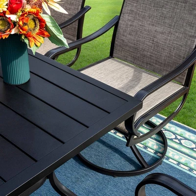 8pc Outdoor Dining Set With Metal Slat Top Table With Umbrella Hole & Swivel Chairs - Gray/Beige - Captiva Designs - Image 7